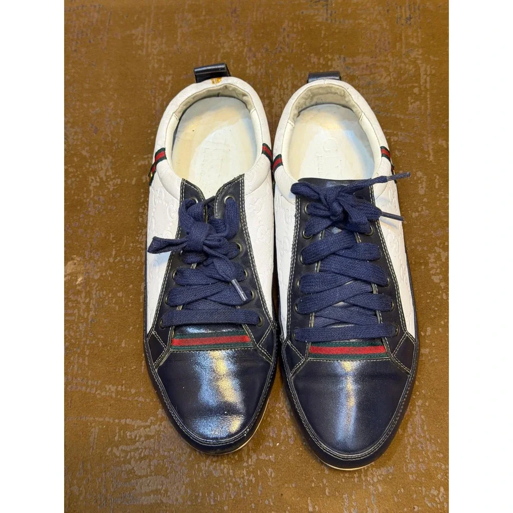 Gucci Low Top Sneakers Navy White Guccissima Leather Web Stripe Mens 10